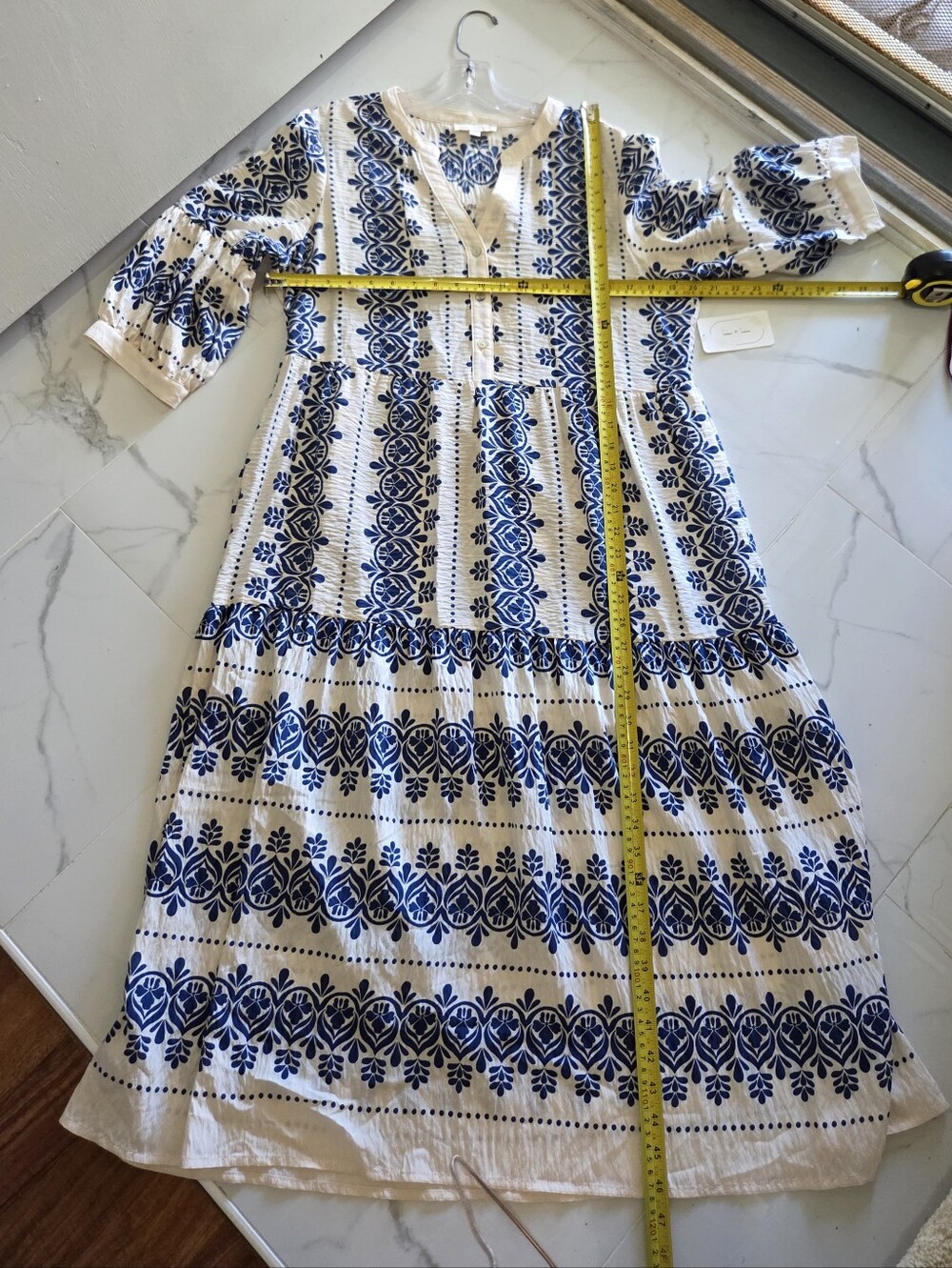 🆕️Fig + Flower 🌺 Women's Blue & Cream Embroidered V-Neck Large Midi Dress - Picture 6 of 11